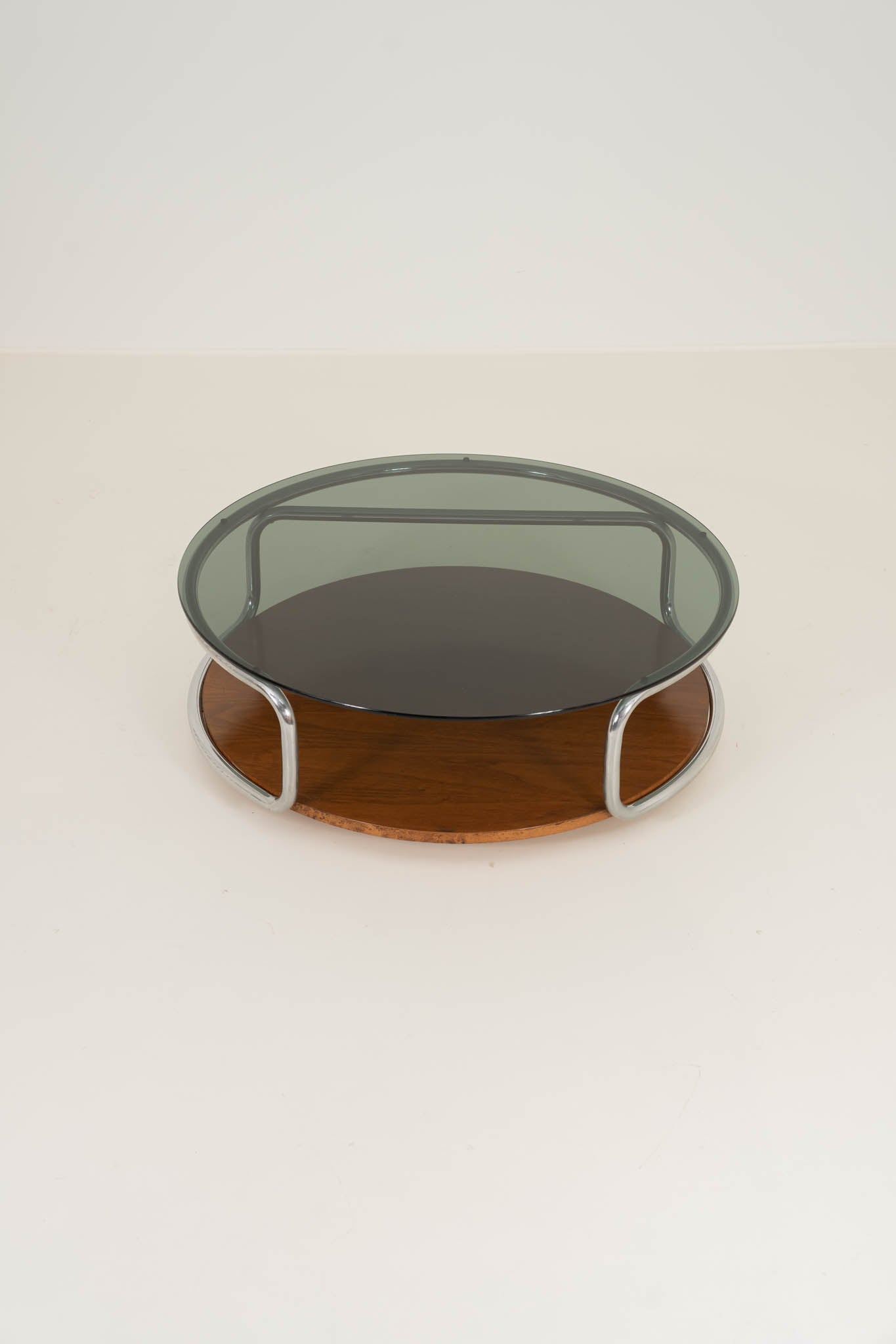 Smoked Glass Coffee Table in Chrome and Wood (Italy, 1970s)