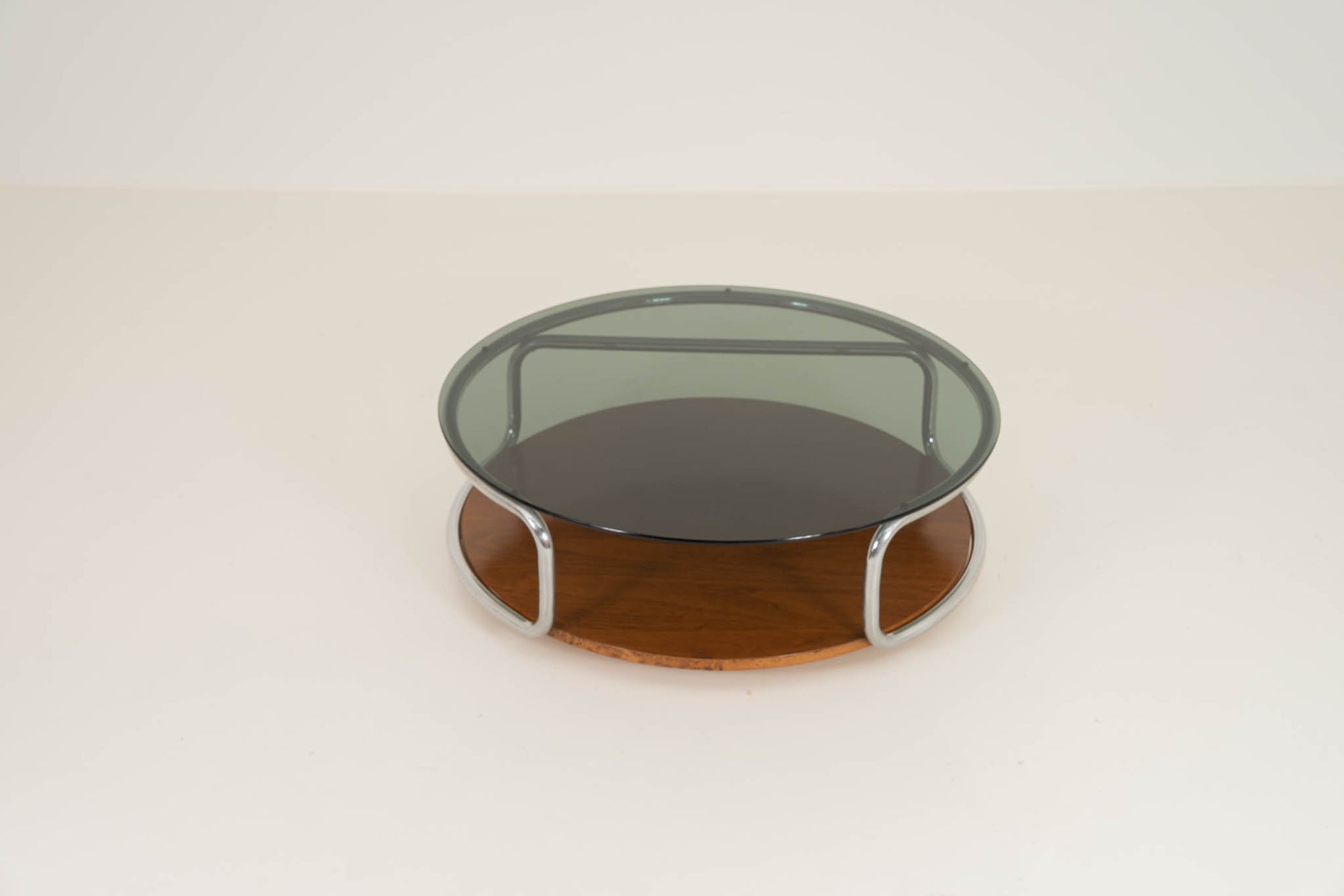 Smoked Glass Coffee Table in Chrome and Wood (Italy, 1970s)