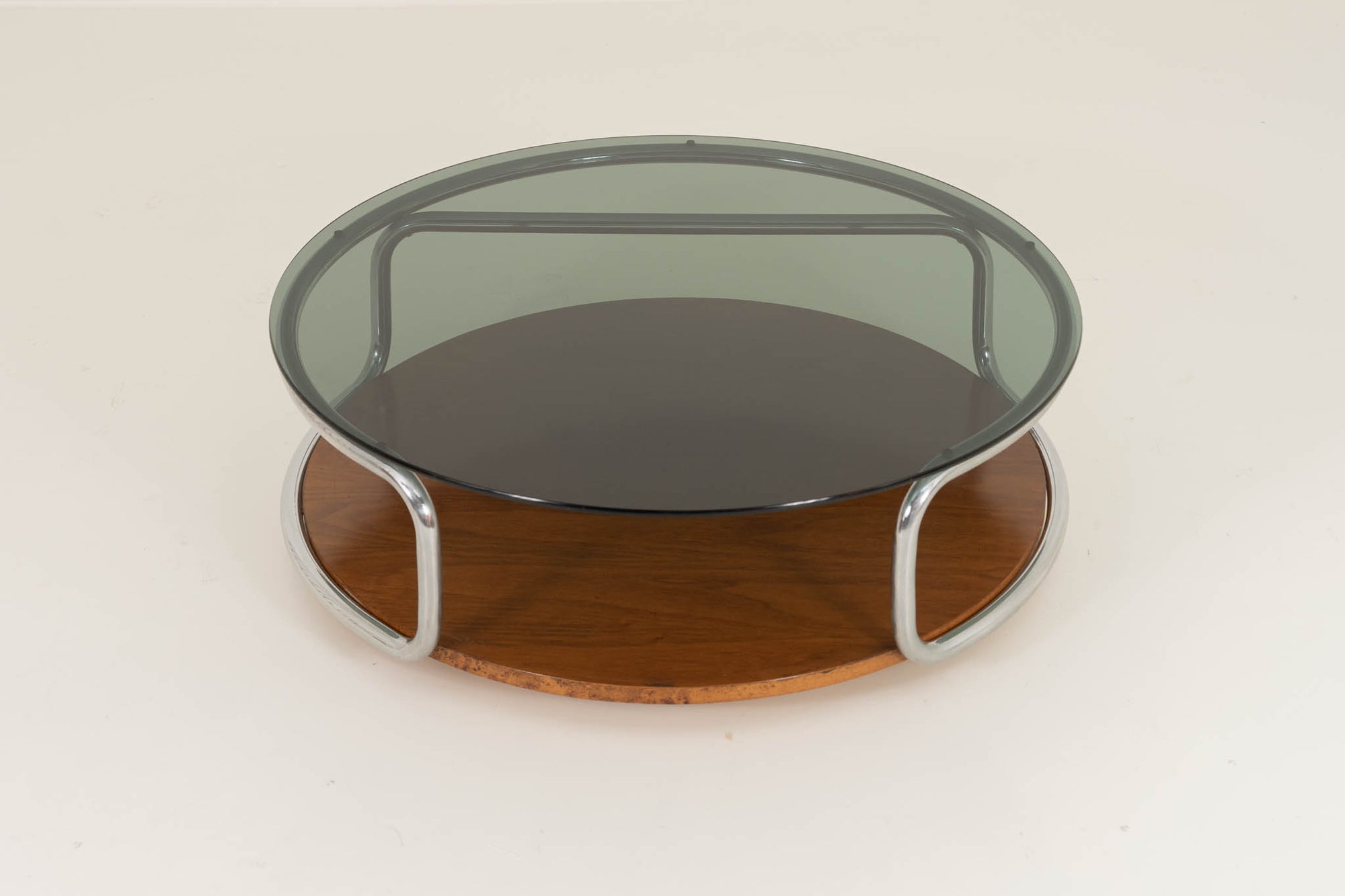 Smoked Glass Coffee Table in Chrome and Wood (Italy, 1970s)