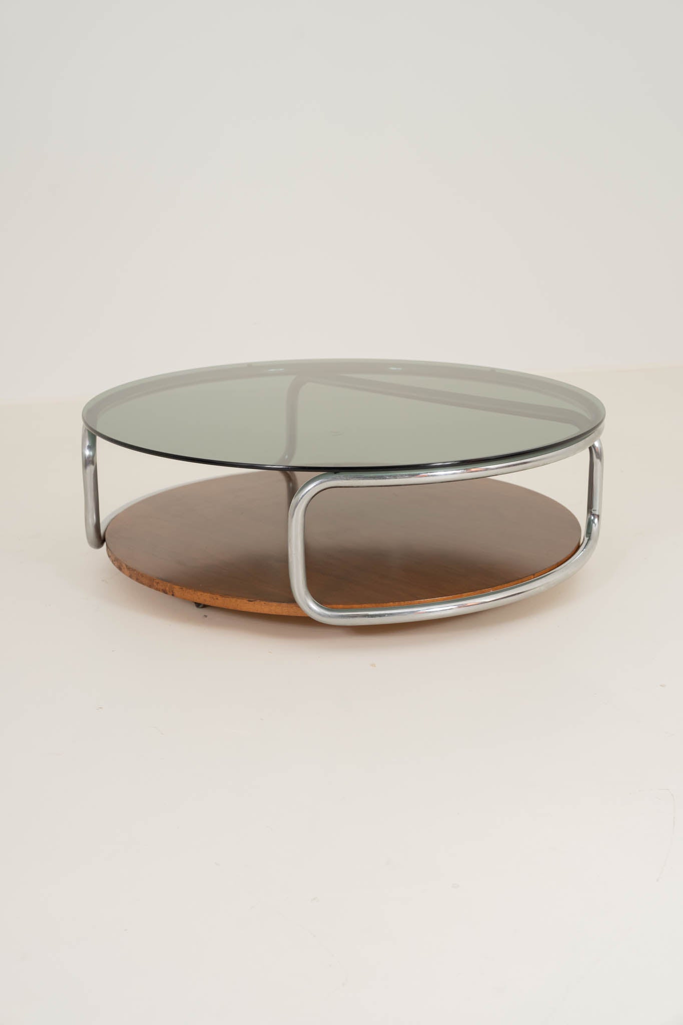 Smoked Glass Coffee Table in Chrome and Wood (Italy, 1970s)