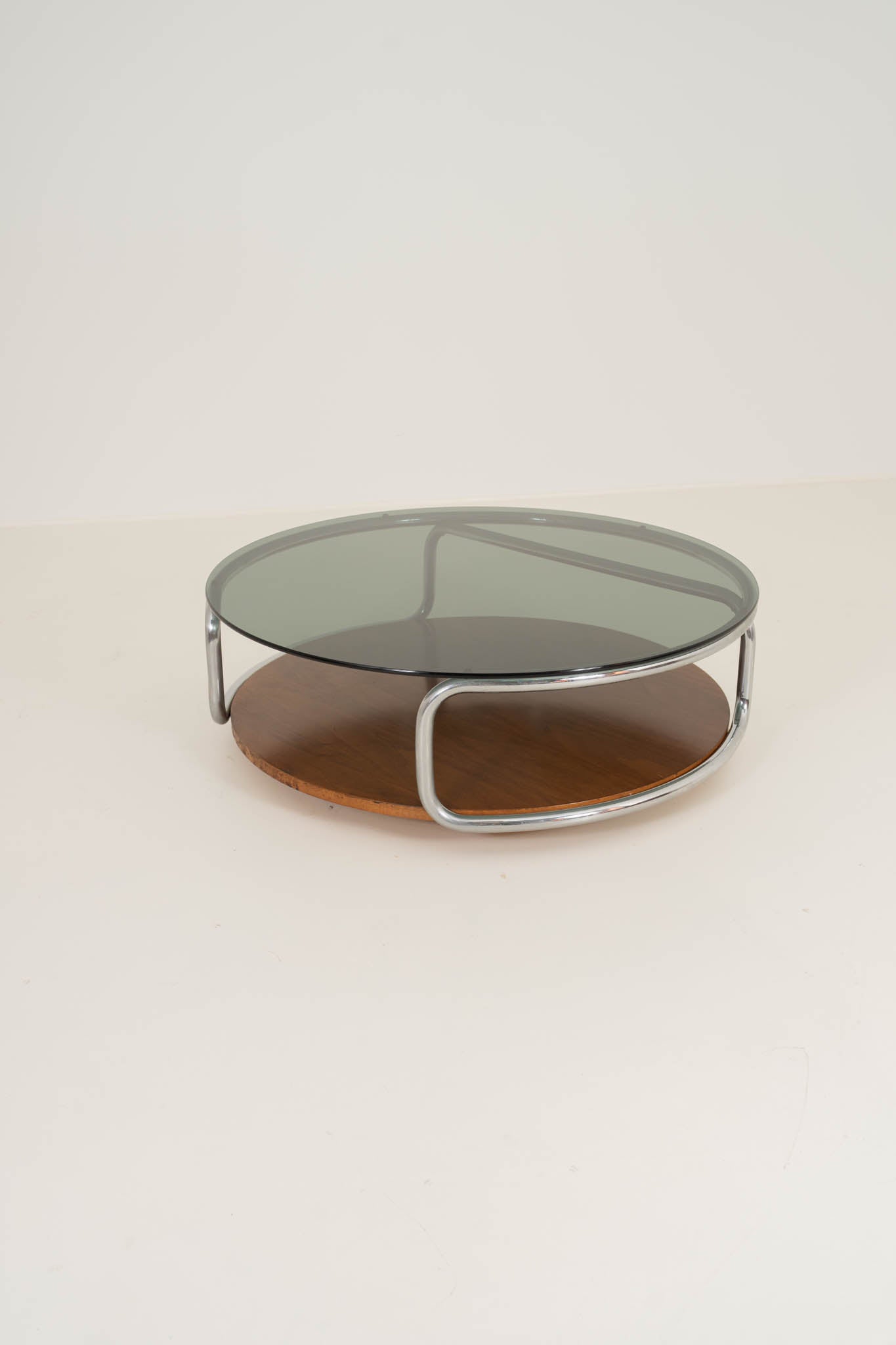 Smoked Glass Coffee Table in Chrome and Wood (Italy, 1970s)
