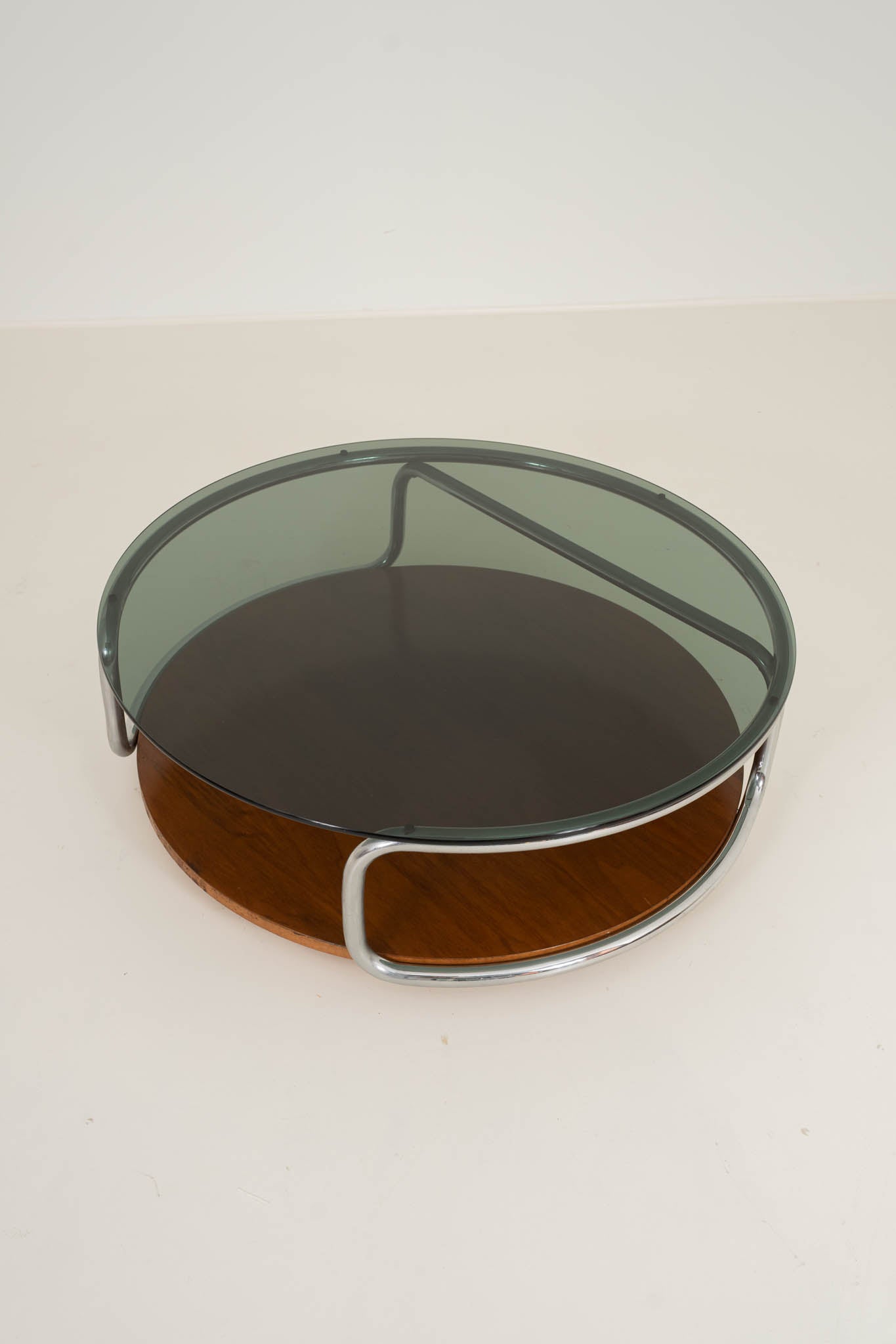 Smoked Glass Coffee Table in Chrome and Wood (Italy, 1970s)