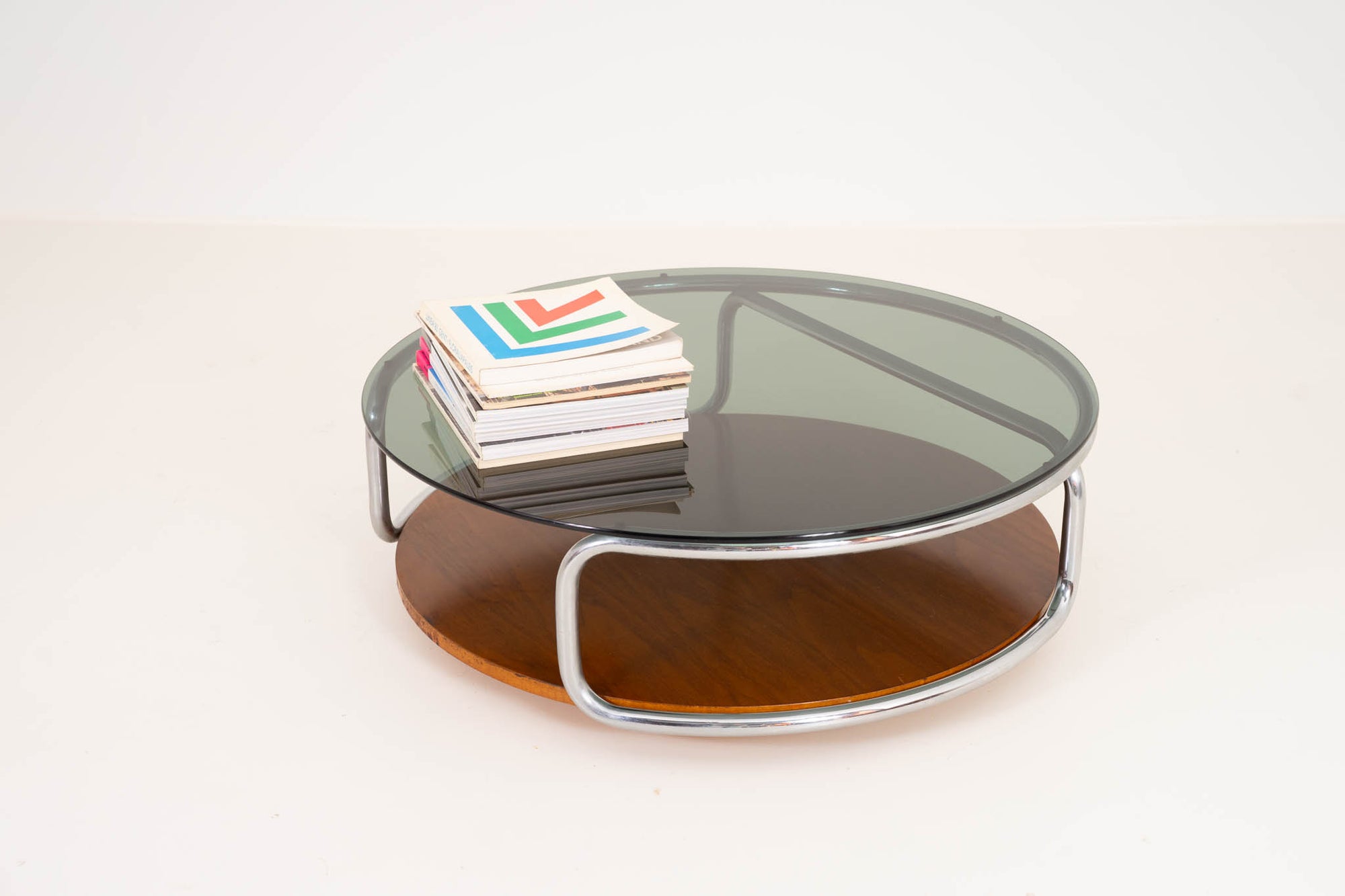 Smoked Glass Coffee Table in Chrome and Wood (Italy, 1970s)
