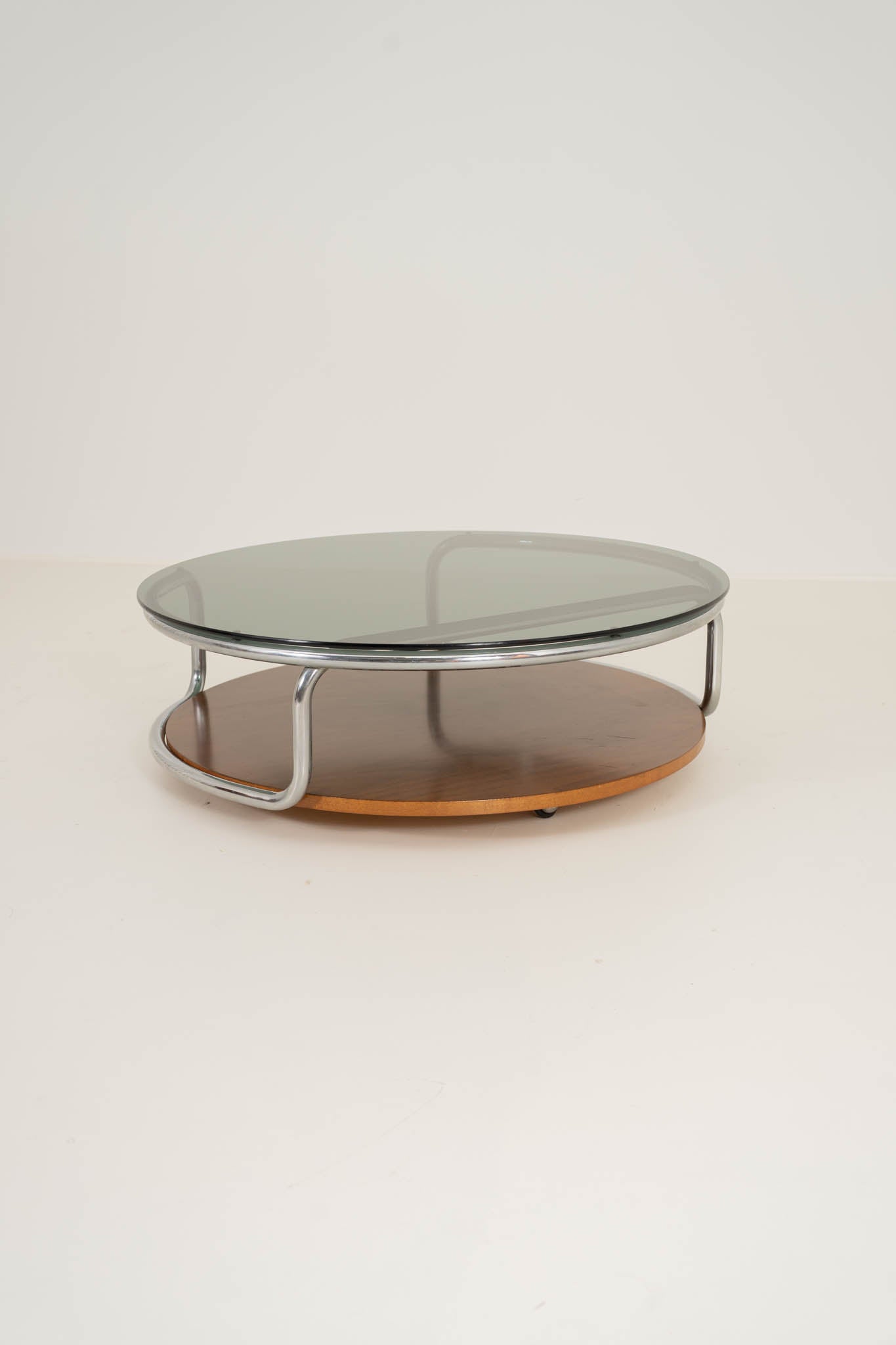 Smoked Glass Coffee Table in Chrome and Wood (Italy, 1970s)