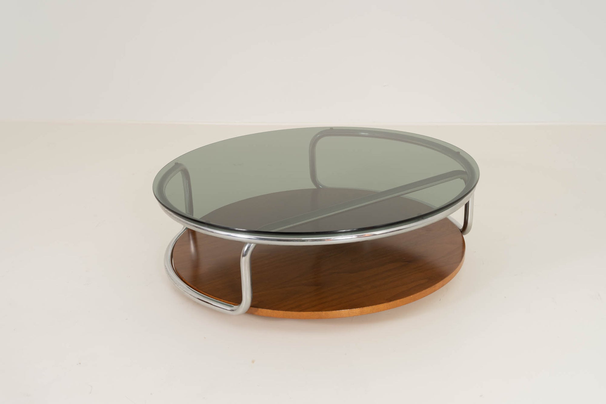 Smoked Glass Coffee Table in Chrome and Wood (Italy, 1970s)
